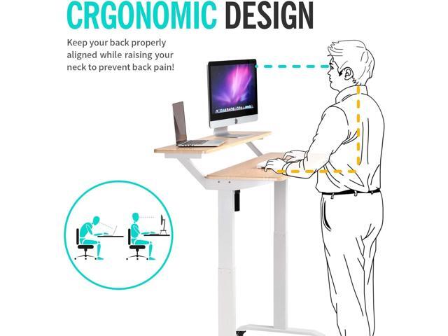UNICOO - 2 Tier Electric Height Adjustable Standing Desk, Electric Standing Workstation Home Office Sit Stand Up Desk (Light Oak Top/White Legs -...