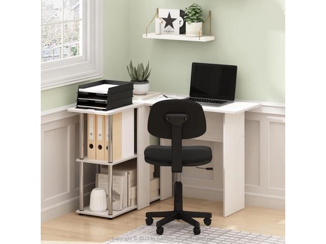 Furinno Abbott L-Shape Desk with Bookshelf, White Oak/Chrome