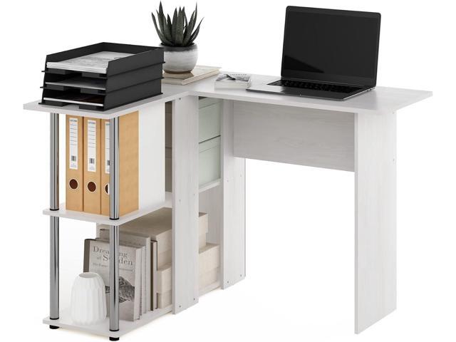 Furinno Abbott L-Shape Desk with Bookshelf, White Oak/Chrome