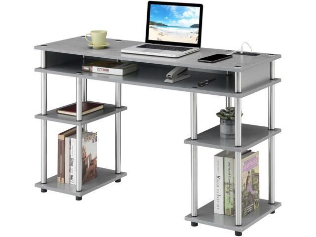 Convenience Concepts Designs2Go No Tools Student Desk with Charging Station and Shelves, Gray