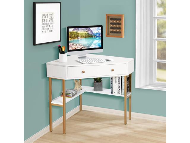 IFANNY Corner Desk with Drawers, 90 Degrees Triangle Desk w/Storage Shelves and Metal Frame, Corner Writing Desk, Corner Makeup Vanity Table, Small...
