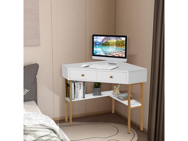 IFANNY Corner Desk with Drawers, 90 Degrees Triangle Desk w/Storage Shelves and Metal Frame, Corner Writing Desk, Corner Makeup Vanity Table, Small...
