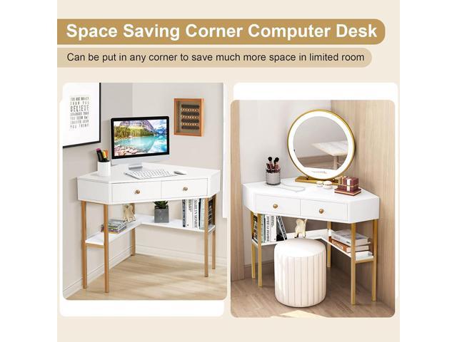 IFANNY Corner Desk with Drawers, 90 Degrees Triangle Desk w/Storage Shelves and Metal Frame, Corner Writing Desk, Corner Makeup Vanity Table, Small...