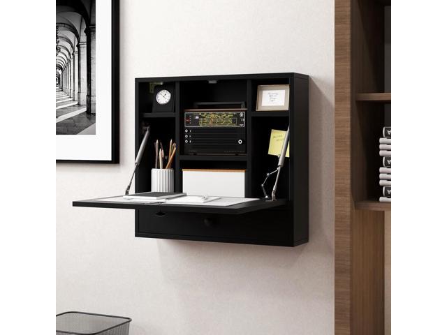 IFANNY Folding Wall Desk, Wood Wall Mounted Desk with Storage Drawer and Shelves, Fold Down Wall Mount Laptop Desk, Corner Floating Desk for Small...