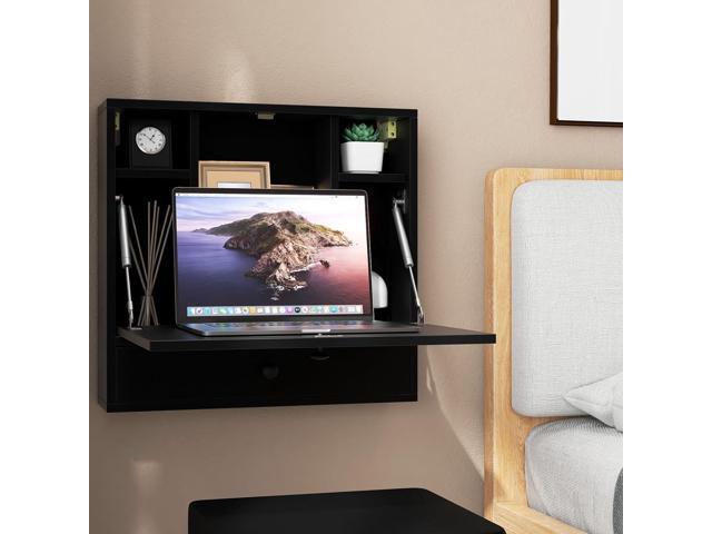 IFANNY Folding Wall Desk, Wood Wall Mounted Desk with Storage Drawer and Shelves, Fold Down Wall Mount Laptop Desk, Corner Floating Desk for Small...