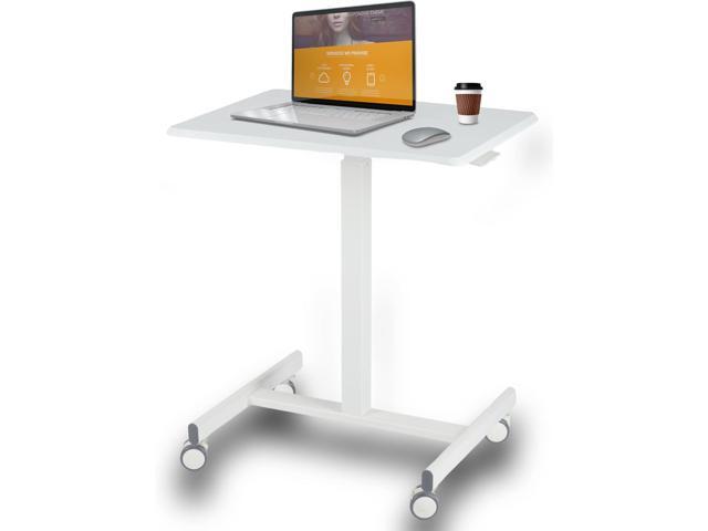 Mobile Laptop Standing Desk- Overbed Table, Adjustable Height Desk Stand Up Desk Small Rolling Sit Stand Desk, Teacher Podium with Wheels, White