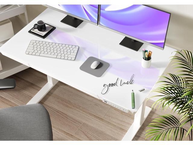 Claiks Glass Standing Desk with Drawers, 48×24 Inch Adjustable Stand Up Desk, Quick Install Home Office Computer Desk with USB Ports, White