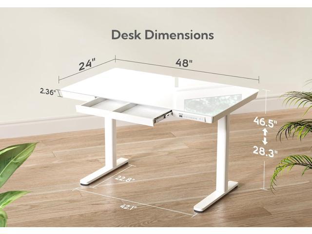 Claiks Glass Standing Desk with Drawers, 48×24 Inch Adjustable Stand Up Desk, Quick Install Home Office Computer Desk with USB Ports, White