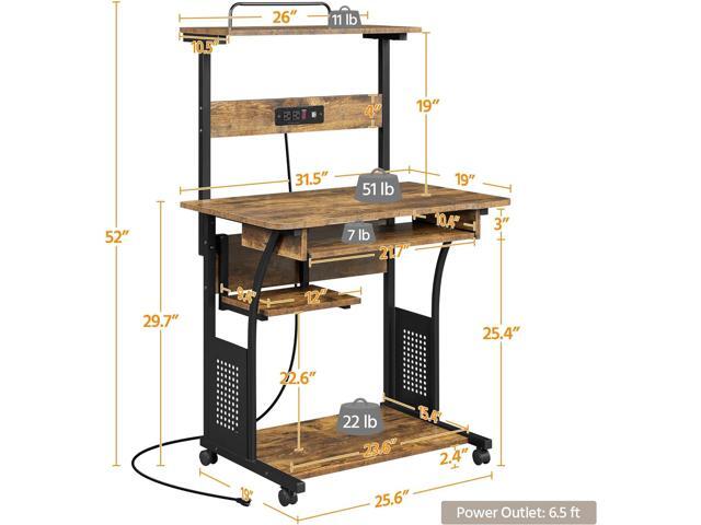Topeakmart 3 Tiers Rolling Computer Desk with Power Outlet and USB Ports for Space Saving, Home Office Desk with Keyboard Tray and Printer Shelf on...