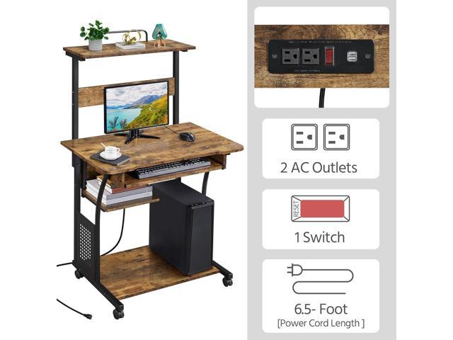 Topeakmart 3 Tiers Rolling Computer Desk with Power Outlet and USB Ports for Space Saving, Home Office Desk with Keyboard Tray and Printer Shelf on...