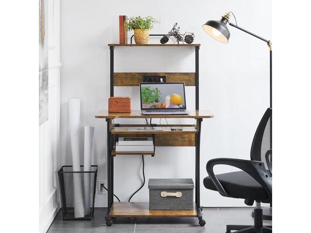 Topeakmart 3 Tiers Rolling Computer Desk with Power Outlet and USB Ports for Space Saving, Home Office Desk with Keyboard Tray and Printer Shelf on...