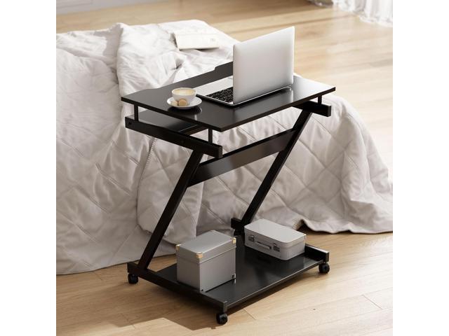 soges Small Rolling Computer Desk, Z Shape Laptop Desk Cart on Wheels, Mobile Computer Workstation for Home and Office with Keyboard Tray, Black