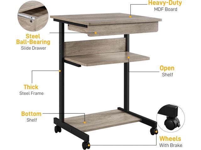 Yaheetech Rolling Computer Desk with Drawer & Keyboard Tray, Mobile Laptop Desk Cart Standing Computer Workstation for Home Office, Gray
