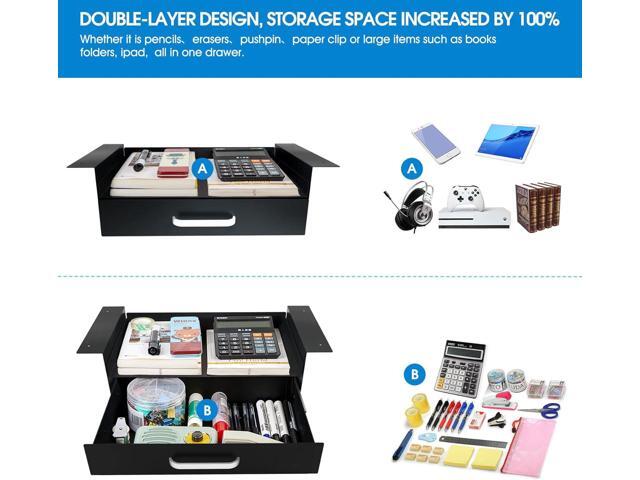 GOME Under Desk Drawer Storage with Laptop/Book/Folders Shelf, Double Layer Easy Slide-Out Undermount Drawer Organizer with Ball Sliding Track for...