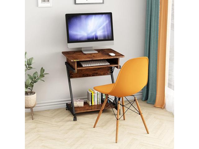 ALISENED Computer Desk for Small Spaces,23.6' Z-Shaped Compact Study Table with Smooth Keyboard Tray,with Wheels and Bottom Shelves for Home...