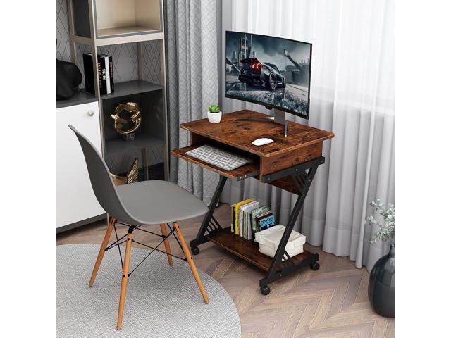 ALISENED Computer Desk for Small Spaces,23.6' Z-Shaped Compact Study Table with Smooth Keyboard Tray,with Wheels and Bottom Shelves for Home...