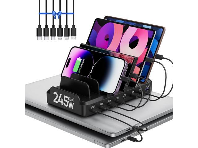 245W USB C Charging Station for Multiple Devices, 8 Port Multi Charger Station for MacBook iPhone 15 Phone iPad Tablets Black (6 Mixed Short Cables...