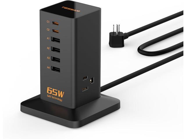 Desk Charging Station for Multiple Devices 65W, TESSAN 6 Port GaN USB Fast Charger Tower with 3 Outlets, Type C Desktop Charger Hub for Cellphone.