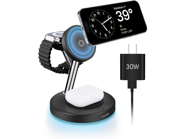Ouotoo 3-in-1 Mag-Safe Charger Wireless Charging Stand 15W Apple Charging Station Wireless Charger for iPhone 15/14/13/12 Series Apple Watch...