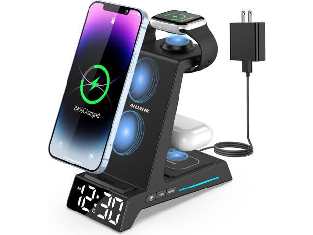 Wireless Charging Station - 4 in 1 Wireless Charger with Alarm Clock, Charging Stand Dock for iPhone 15/14/13/12/11/Pro/Max/XR/XS/X/ Phone, for...