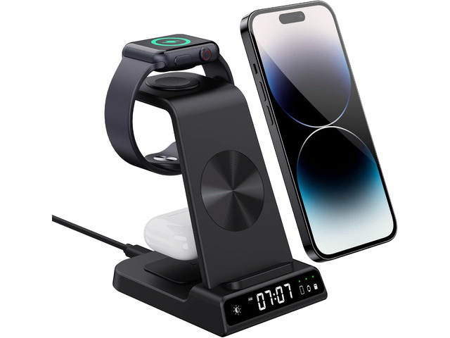 Charging Station for Apple, Wireless Charger 4 in 1 with Digital Clock, Wireless Charging Station for iPhone 15/14/13/12/11/X Series, for Apple...