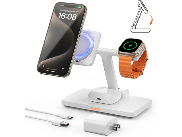3-in-1 Foldable Charger Stand for MagSafe: JoyGeek Wireless Charging Station for iPhone 15/14/13/12 Pro Max Plus Mini, Magnetic Mag-Safe Dock for...