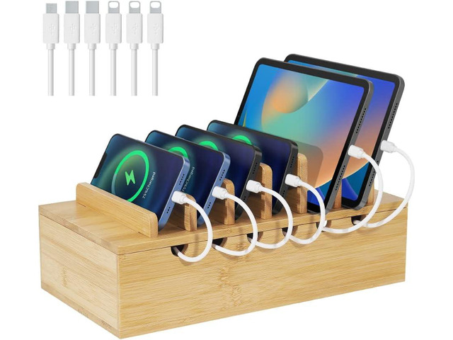 LEOKKARR Bamboo Charging Station for Multiple Devices, Upgrade Desk Docking Stations Organizer for Apple Devices, Wood Charging Cell Phone Holder...