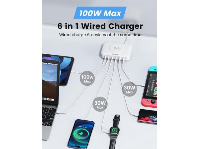 100W USB Charging Station with 15W Wireless Charger, Marnana 6-in-1 Multiple USB Ports(2 USB A and 4 USB C Ports) GaN Desktop Charger for iPhone...