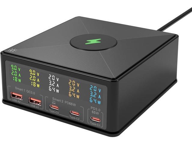 USB Charger Station Multi Port: Desktop 160W Power Fast Charging Hub Wall Block PD 3.0 5 Ports with Wireless Pad & Digital Display