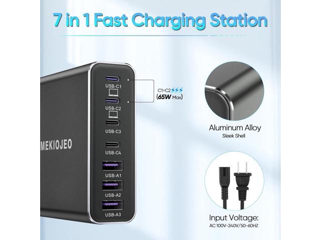 Aluminum Alloy USB C Charger GaN Charger Fast USB C Charging Station 7 Ports 65W Laptop Charger for MacBook Pro/Air/iPad Pro/iPhone (Black)