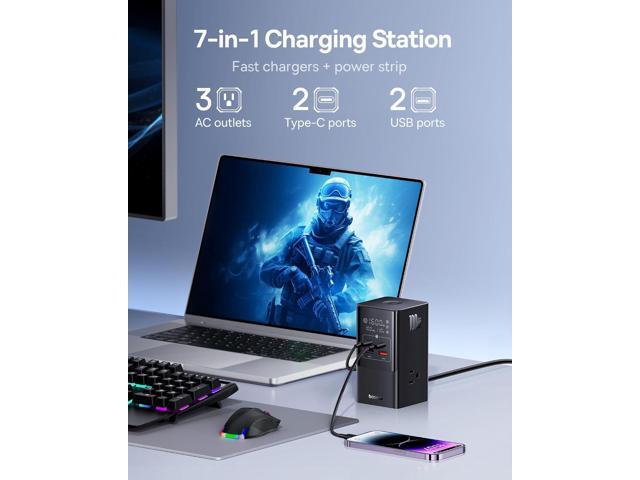 Baseus 7-in-1 USB C Charging Station, 100W PowerCombo Fast Charging Power Strip with 3AC+2U+2C USB, Portable Charger for Desktop Accessories,...