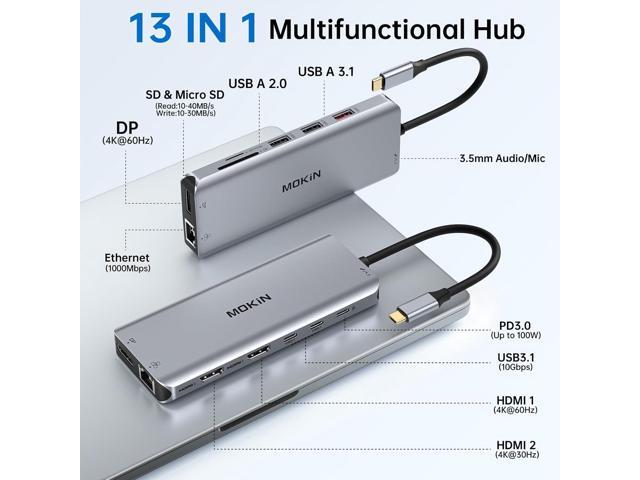 USB C Laptop Docking Station Dual Monitor Dual HDMI 4k DP Triple Display Hub 10G, 13 in 1 MOKiN USB C Hub with 3...