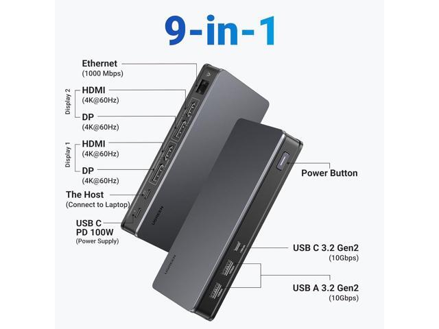 UGREEN USB C Docking Station, DisplayLink 9-in-1,Revodok Pro 209,Dual 4K@60hz Monitor Dock for MacBook & Windows with 2 DP & 2 HDMI, 10 Gbps USB C...