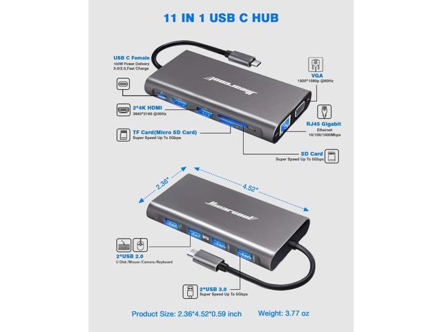 Hiearcool USB C Hub, USB-C Laptop Docking Station, 11IN1 Triple Display Type C Adapter Compatible for Dell Hp Lenovo Windows (2HDMI VGA PD3.0 SD TF...