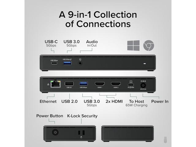 Plugable USB C Docking Station Dual Monitor 2 HDMI Ports, Power Delivery Dock, Dual 4K Monitor for Windows, ChromeOS, 1x USB-C, 3X USB, Ethernet,...