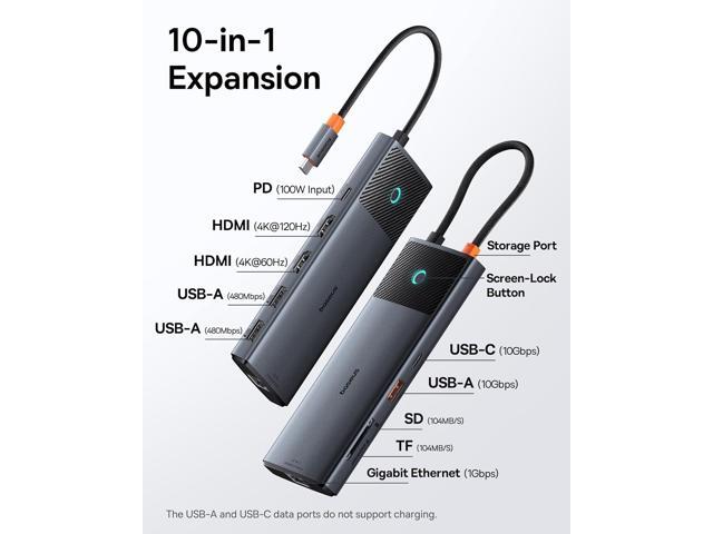 Baseus Docking Station Dual Monitor,10Gbps 10 in 1 Docking Station with 2 HDMI Single 4K@120Hz, Dual 4K@ 60Hz,10Gbps USB C and USB A, Gigabit...
