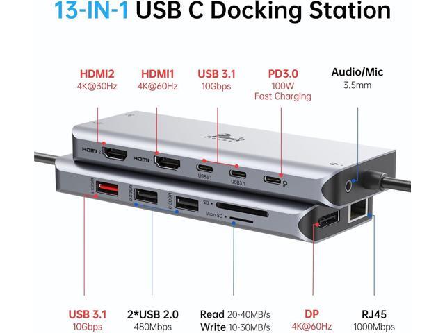 USB C Laptop Docking Station 3 Monitors - 13 in 1 USB C Hub with 2 HDMI+DisplayPort+10Gbps USB A/C, 6 USB, 100W PD, Ethernet, SD/TF, Audio, LIONWEI...