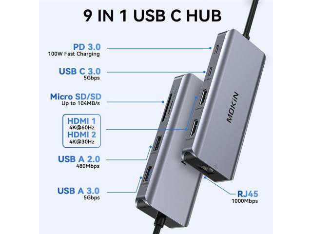 Laptop Docking Station Dual Monitor, 9 in 1 USB C Dock with 2 HDMI 4K, RJ45, 100W PD, 5Gbps USB C/USB A 3.0, USB 2.0, SD/TF Slots, USB C Hub to...