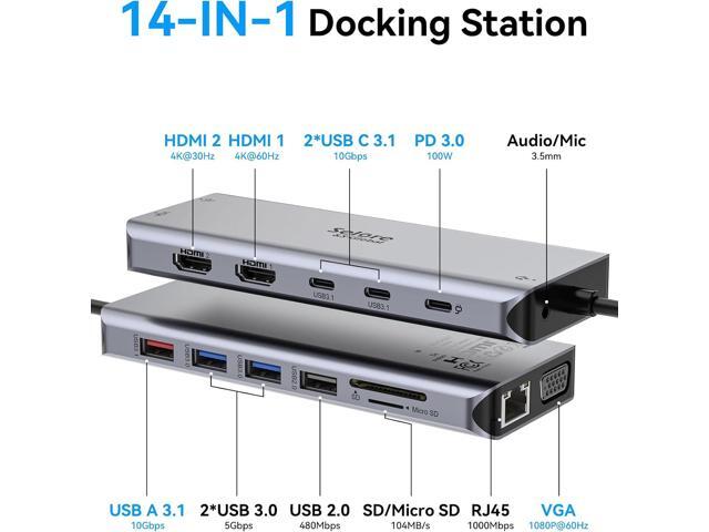 Selore USB C Docking Station Dual Monitor,Laptop Docking Station,14 in 1 Docking Station 3 Monitors with 2 HDMI,VGA,10G USB A/C,100W PD,6 USB A/C...