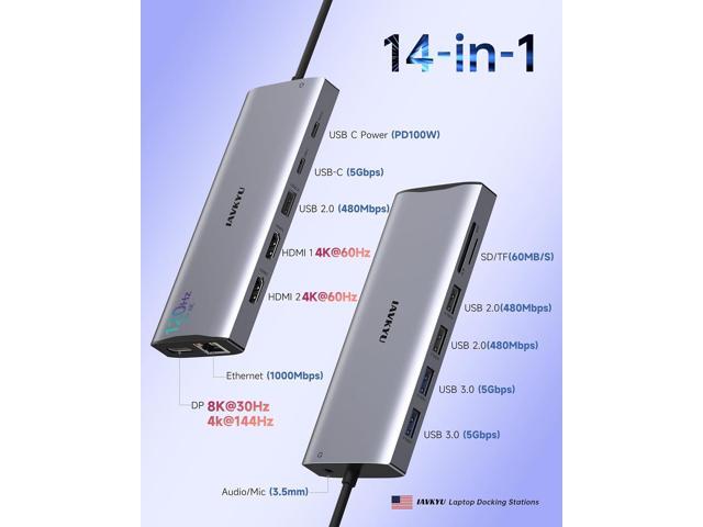 Triple Monitor Docking Station, 14-in-1 USB C Hub with DP 8K@30Hz/4K@144Hz, Dual HDMI 4K@60Hz, 100W PD, 7 USB Ports, SD/TF Card Reader, Gigabit...