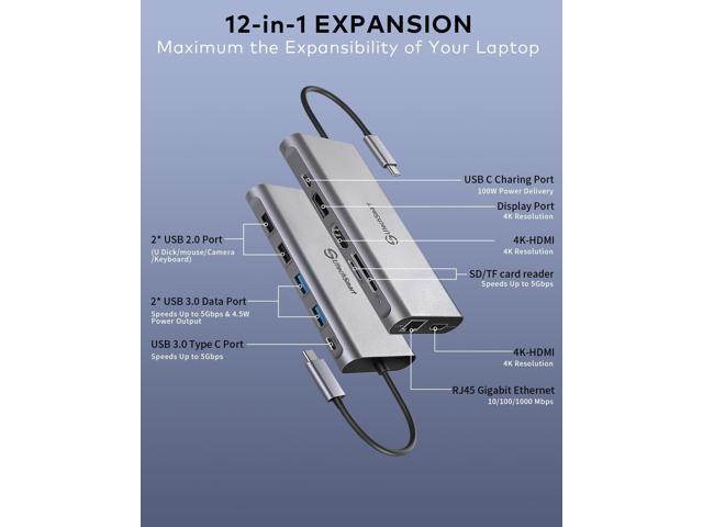 Docking Station, USB C Hub UtechSmart 12 in 1 USB C Dock Triple Display with 2*4K@60Hz HDMI, Displayport, 100W PD, 4 USB Ports, RJ45 Ethernet, USB...