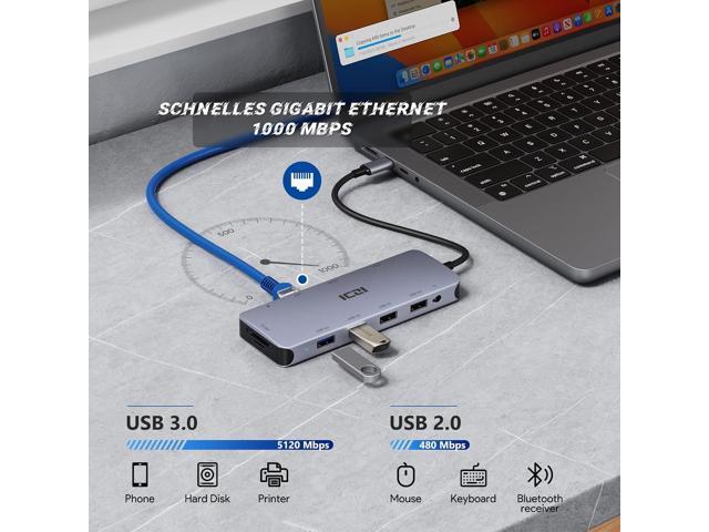 USB C Hub, ICZI 11 in 1 USB Hub 4K HDMI Adapter, USB C Laptop Docking Station with Audio/AUX, 100W PD, VGA, Ethernet, 4 USB Ports, SD/TF, USB C...