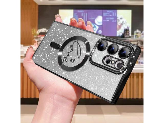 for Samsung Galaxy S23 Ultra Case Magnetic,for Women Girl Soft Cute Luxury Love Heart Plating Bling Gradient Glitter Phone Case Compatible with...