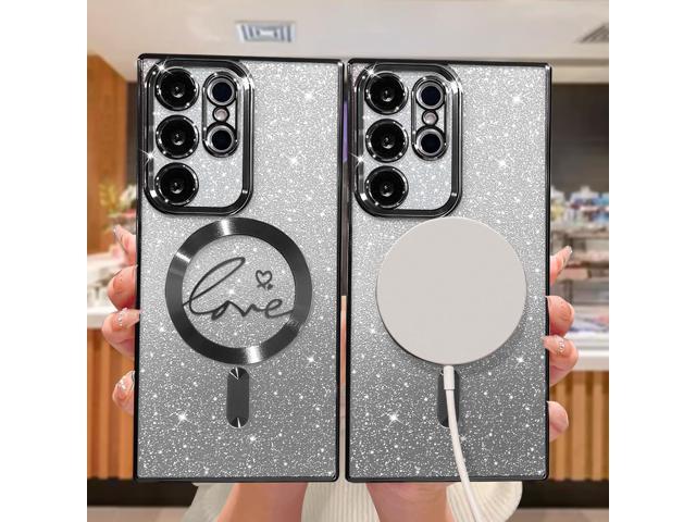 for Samsung Galaxy S23 Ultra Case Magnetic,for Women Girl Soft Cute Luxury Love Heart Plating Bling Gradient Glitter Phone Case Compatible with...