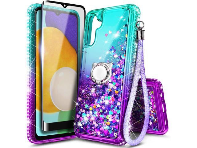 NZND Compatible with Samsung Galaxy A14 5G Case with Tempered Glass Screen Protector (Maximum Coverage), Ring Holder/Wrist Strap, Glitter Liquid...