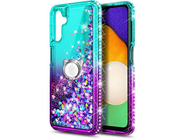 NZND Compatible with Samsung Galaxy A14 5G Case with Tempered Glass Screen Protector (Maximum Coverage), Ring Holder/Wrist Strap, Glitter Liquid...