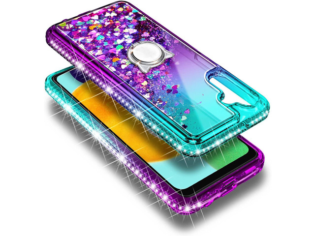 NZND Compatible with Samsung Galaxy A14 5G Case with Tempered Glass Screen Protector (Maximum Coverage), Ring Holder/Wrist Strap, Glitter Liquid...