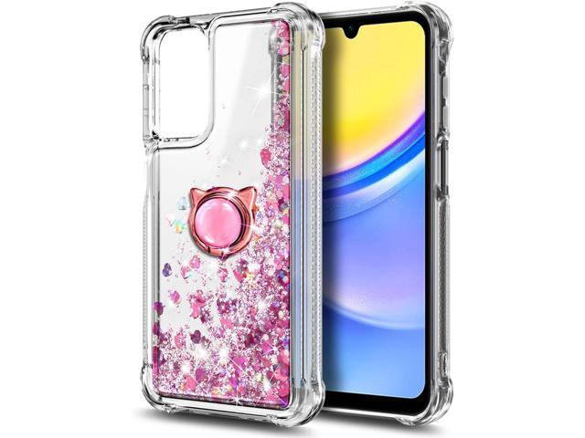 NZND Compatible with Samsung Galaxy A15-5G Phone Case Rose Gold Glitter Floating Liquid Waterfall Cute Girl Women Kids Cover with Tempered Glass...