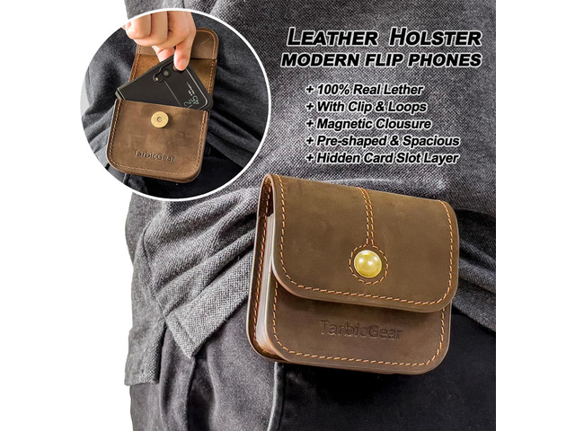 Holster for Samsung Z Flip 5/4/3, Motorola RAZR Series, Belt Clip Flip Phone Case with Card Holder & Magnetic Closure, Western Real Leather Pouch...