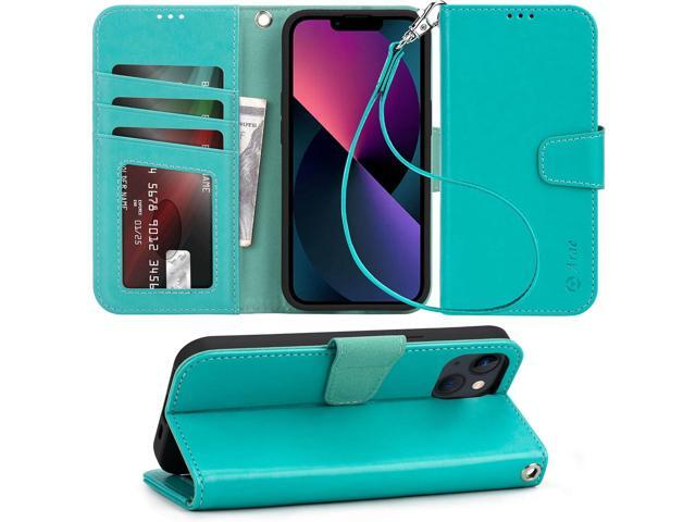 Arae Compatible with iPhone 13 Case with Card Holder and Wrist Strap Wallet Flip Cover for iPhone 13 6.1 inch,Green